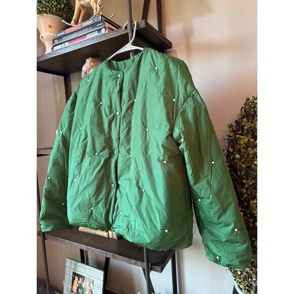 SLEEPER Puffer Jacket With Pearl Details Green Womens Size Small Medium - Picture 8 of 11